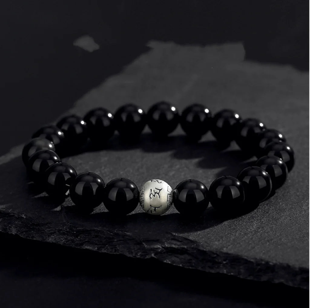 Oriental Treasure Six-Syllable Mantra Bracelet Purification Natural Black Obsidian Bracelet 999 Sterling Silver Adjustable Bracelet for Men/Dad/Boys
