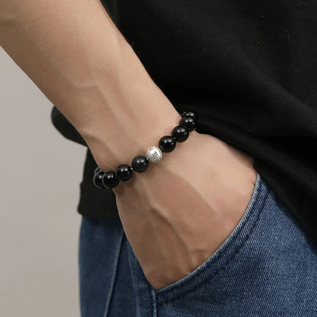 Oriental Treasure Six-Syllable Mantra Bracelet Purification Natural Black Obsidian Bracelet 999 Sterling Silver Adjustable Bracelet for Men/Dad/Boys