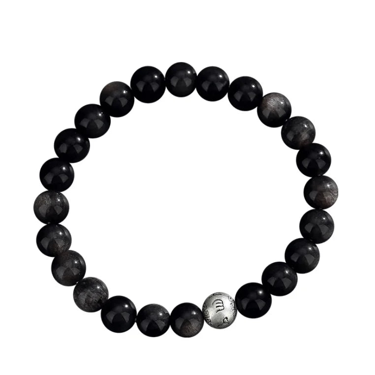 Oriental Treasure Six-Syllable Mantra Bracelet Purification Natural Black Obsidian Bracelet 999 Sterling Silver Adjustable Bracelet for Men/Dad/Boys
