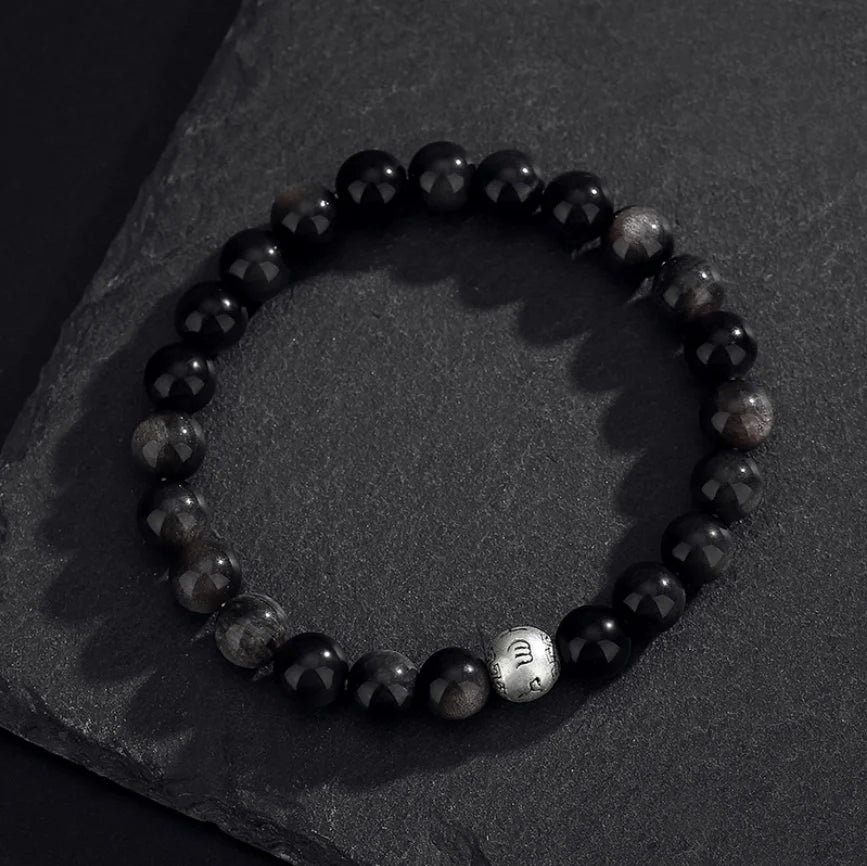 Oriental Treasure Six-Syllable Mantra Bracelet Purification Natural Black Obsidian Bracelet 999 Sterling Silver Adjustable Bracelet for Men/Dad/Boys