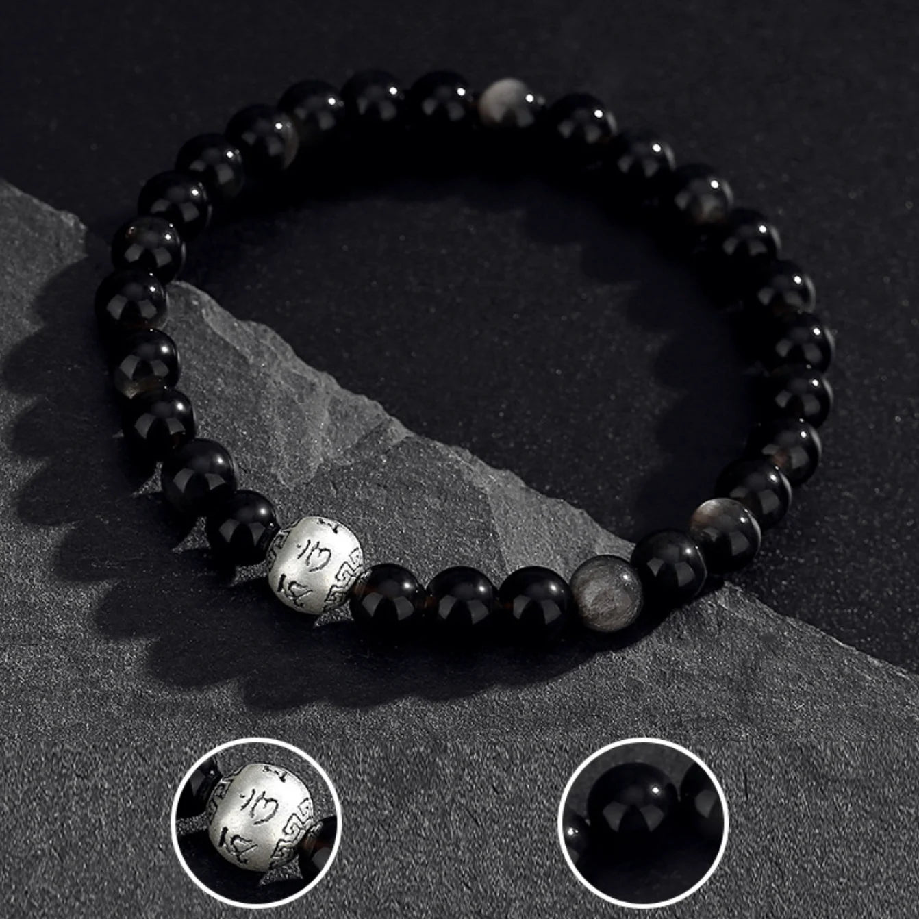 Oriental Treasure Six-Syllable Mantra Bracelet Purification Natural Black Obsidian Bracelet 999 Sterling Silver Adjustable Bracelet for Men/Dad/Boys