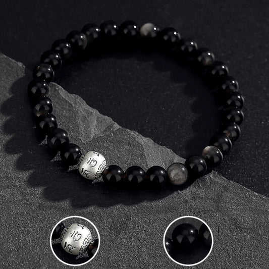 Bracelet Mantra à Six Syllabes Trésor Oriental Purification Naturel Noir Obsidienne Bracelet en Argent Sterling 999 Réglable pour Homme/Papa/Garçons