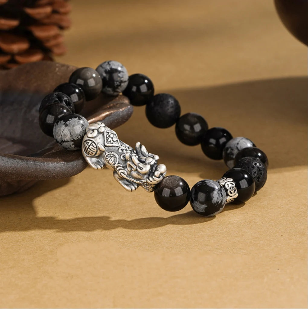 Oriental Treasure Chinese Style Pi Xiu Bracelet Wealth Accumulation Quality Black Obsidian Bracelet 999 Sterling Silver Protection Adjustable