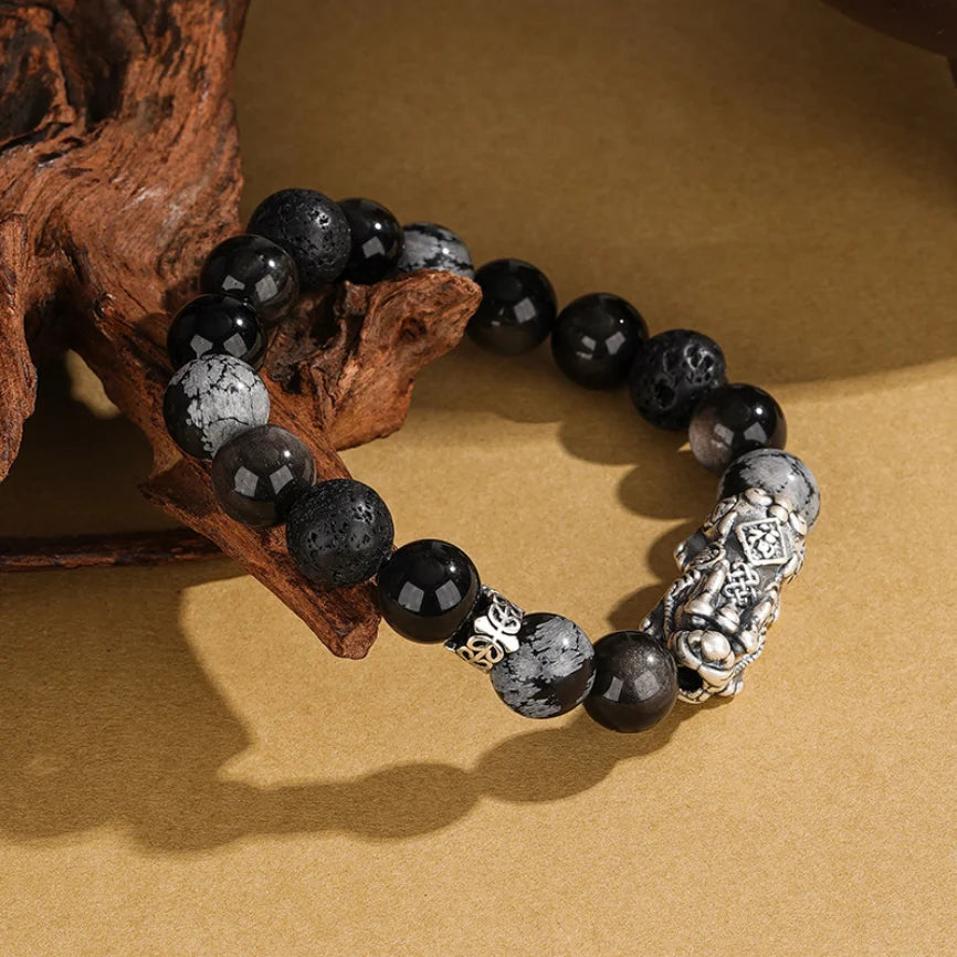 Oriental Treasure Chinese Style Pi Xiu Bracelet Wealth Accumulation Quality Black Obsidian Bracelet 999 Sterling Silver Protection Adjustable