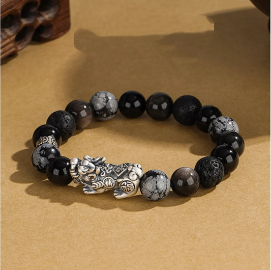 Bracelet Chinois Pi Xiu Style Oriental Trésor Accumulation de Richesse Qualité Bracelet d'Obsidienne Noire Argent Massif 999 Protection Réglable