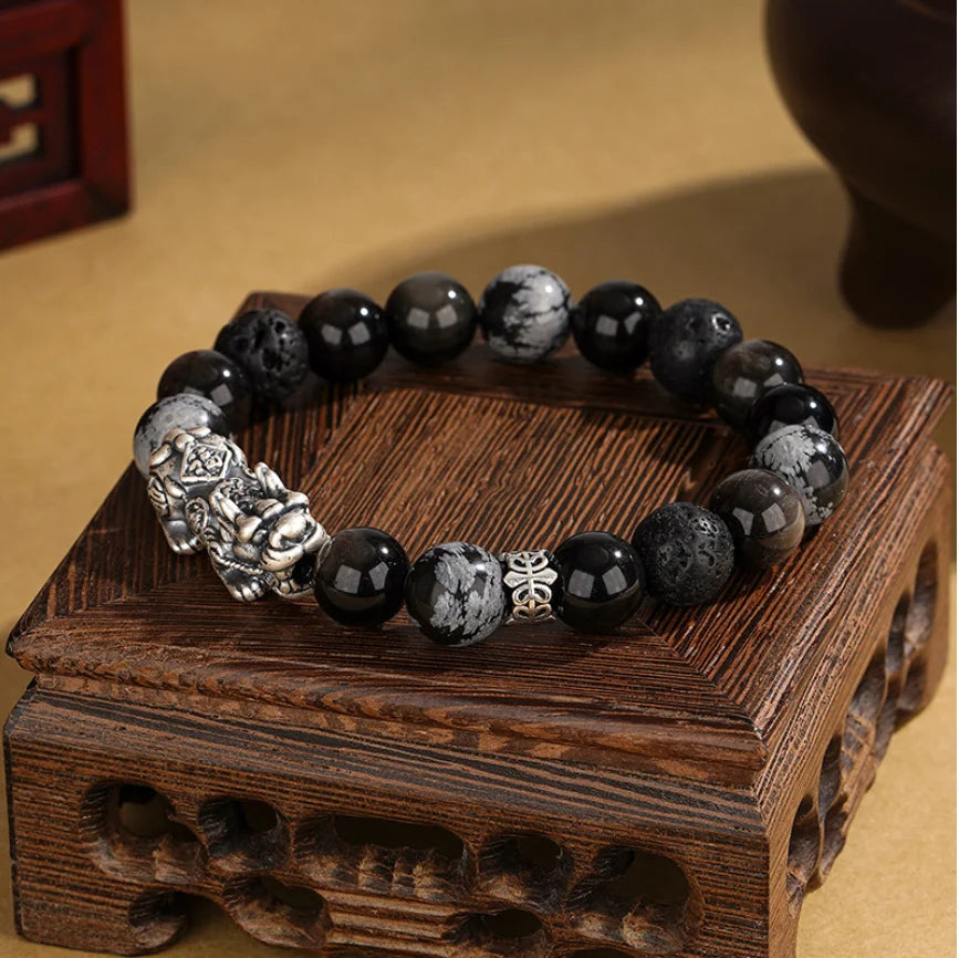 Oriental Treasure Chinese Style Pi Xiu Bracelet Wealth Accumulation Quality Black Obsidian Bracelet 999 Sterling Silver Protection Adjustable