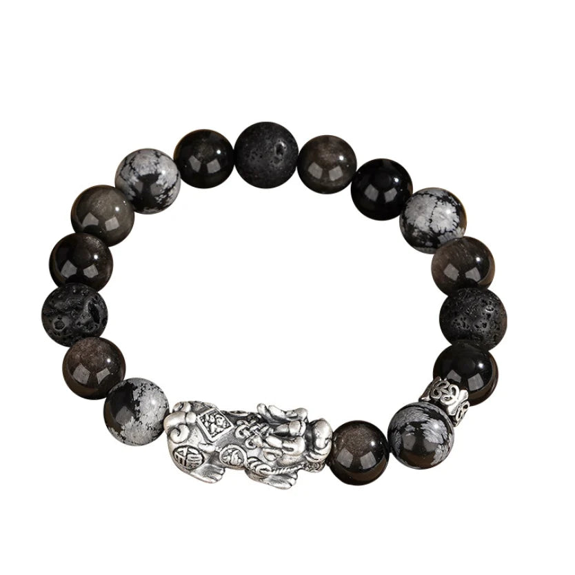 Oriental Treasure Chinese Style Pi Xiu Bracelet Wealth Accumulation Quality Black Obsidian Bracelet 999 Sterling Silver Protection Adjustable