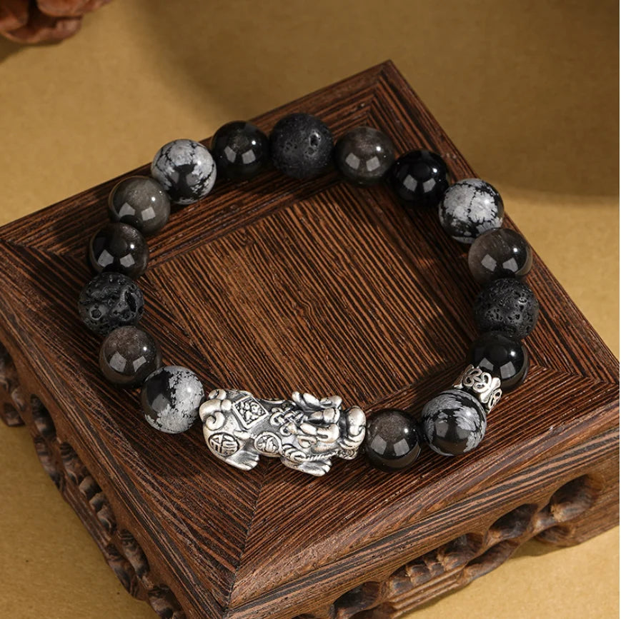 Oriental Treasure Chinese Style Pi Xiu Bracelet Wealth Accumulation Quality Black Obsidian Bracelet 999 Sterling Silver Protection Adjustable