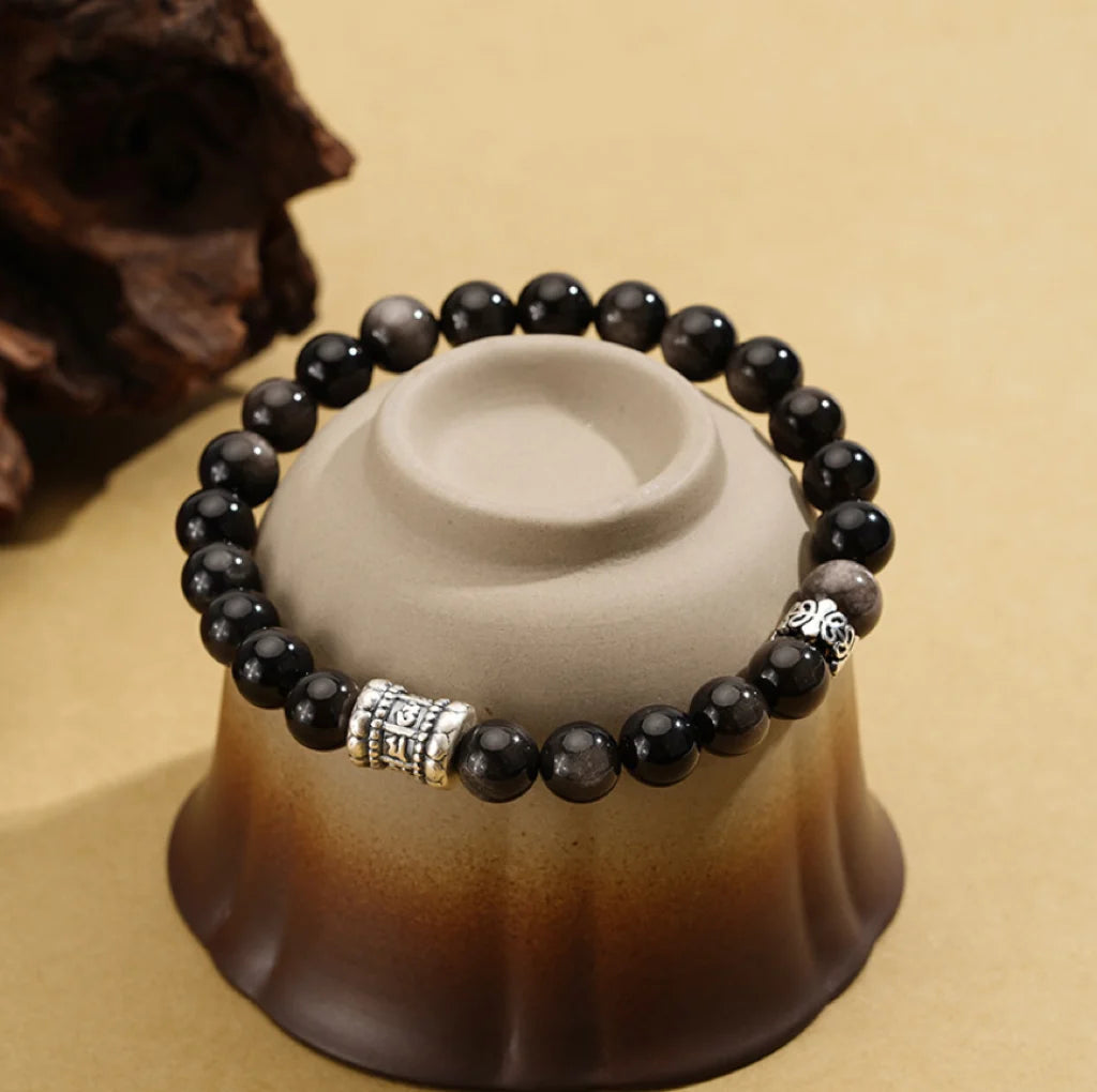 Bracelet Mantra à Six Syllabes Trésor Oriental Purification Bracelet d'Obsidienne Noire Naturelle en Argent Sterling 999 Réglable