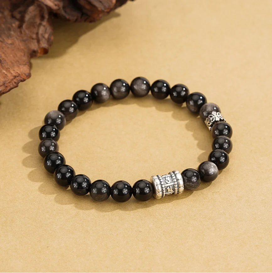 Bracelet Mantra à Six Syllabes Trésor Oriental Purification Bracelet d'Obsidienne Noire Naturelle en Argent Sterling 999 Réglable