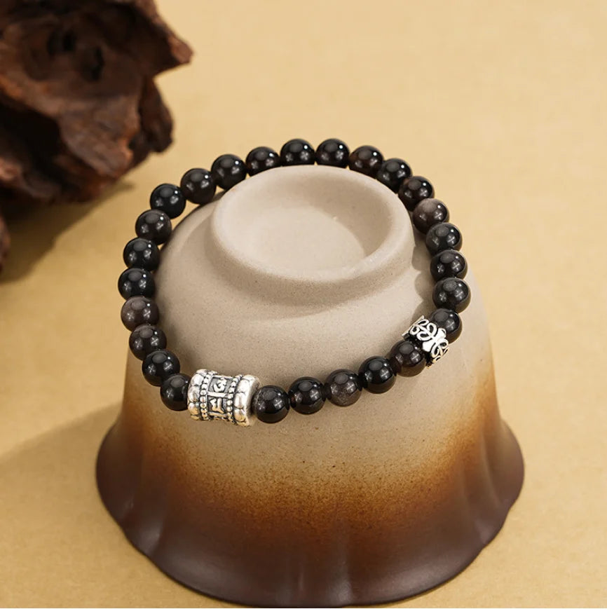 Bracelet Mantra à Six Syllabes Trésor Oriental Purification Bracelet d'Obsidienne Noire Naturelle en Argent Sterling 999 Réglable