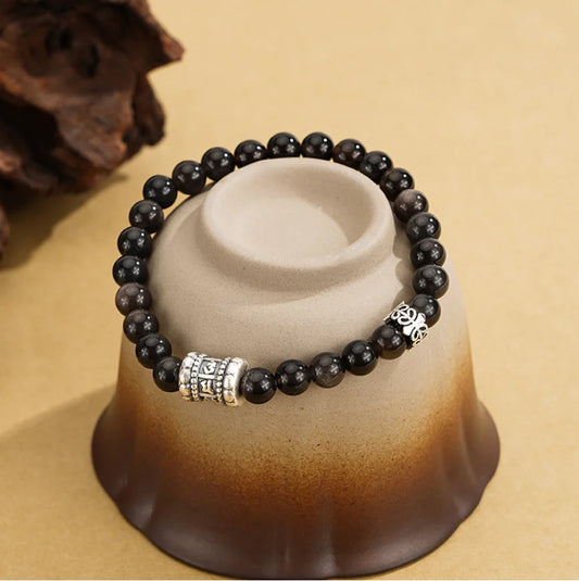 Bracelet Mantra à Six Syllabes Trésor Oriental Purification Bracelet d'Obsidienne Noire Naturelle en Argent Sterling 999 Réglable