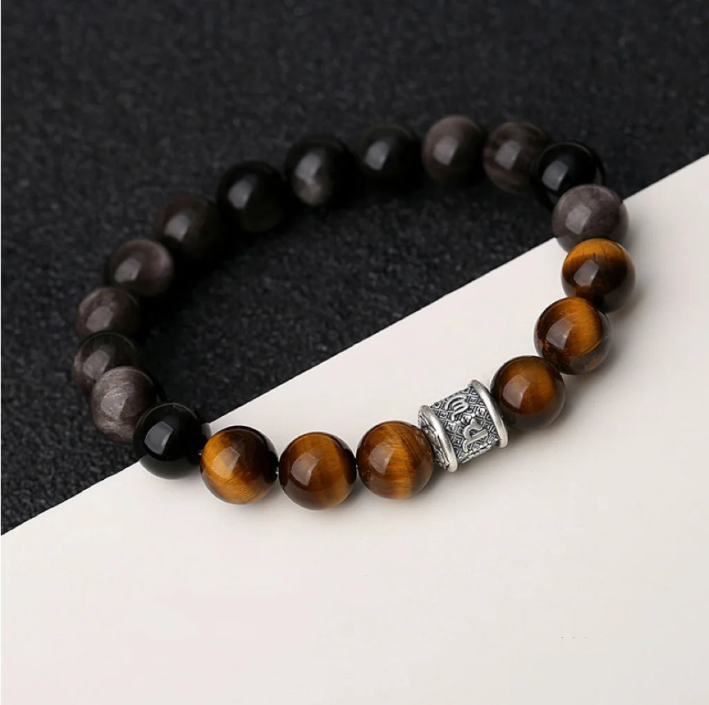 Oriental Treasure Six-Syllable Mantra Bracelet Purification Tiger's Eye Natural Black Obsidian Bracelet 999 Sterling Silver