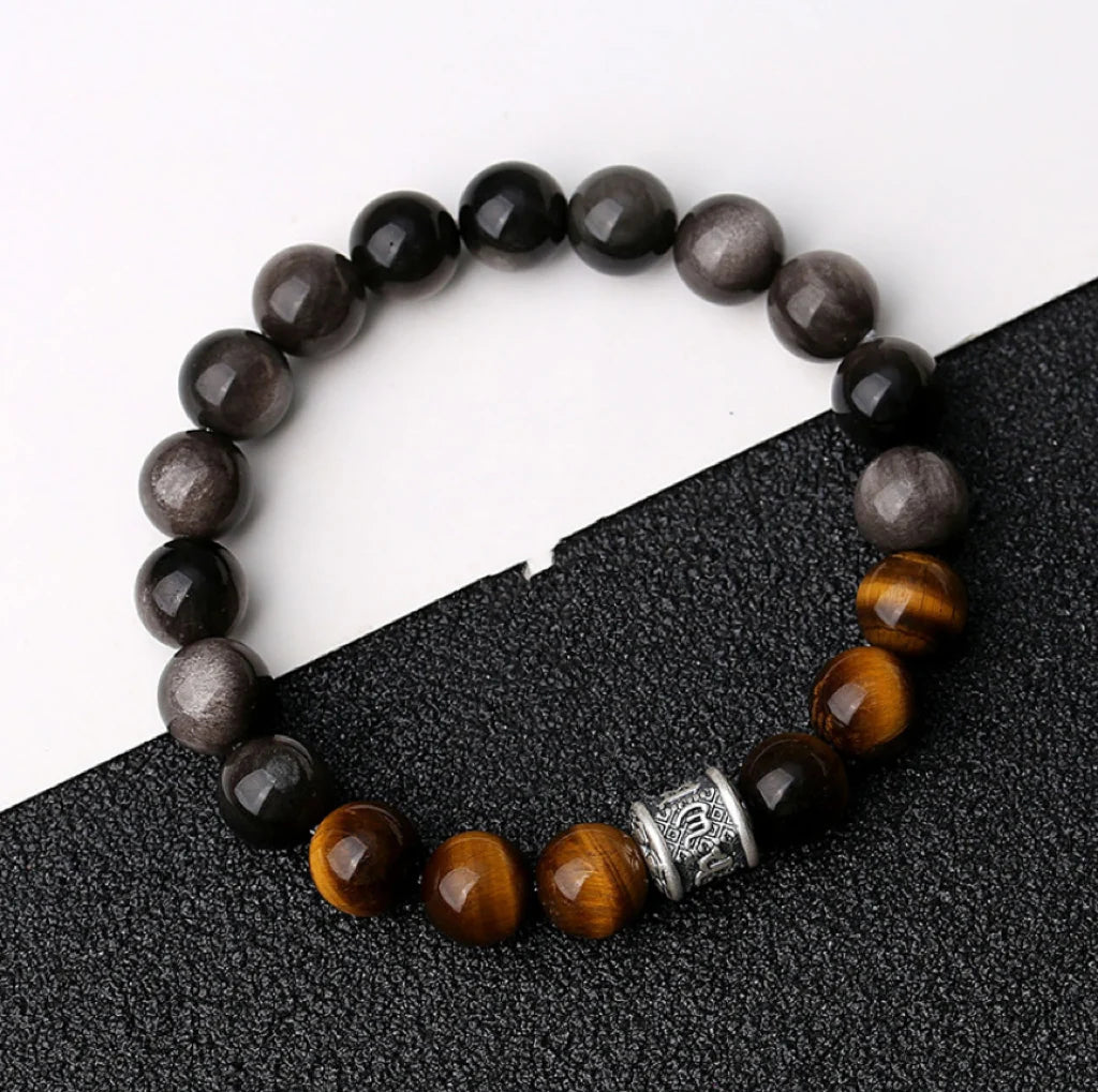 Oriental Treasure Six-Syllable Mantra Bracelet Purification Tiger's Eye Natural Black Obsidian Bracelet 999 Sterling Silver