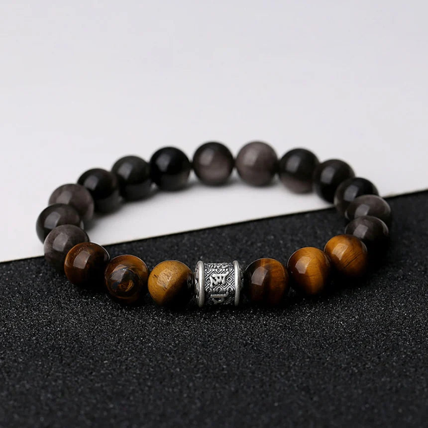 Oriental Treasure Six-Syllable Mantra Bracelet Purification Tiger's Eye Natural Black Obsidian Bracelet 999 Sterling Silver