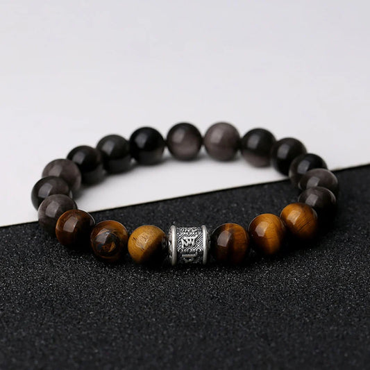 Bracelet Mantra à Six Syllabes Trésor Oriental Purification Œil de Tigre Obsidienne Noire Naturelle Argent 999 Sterling