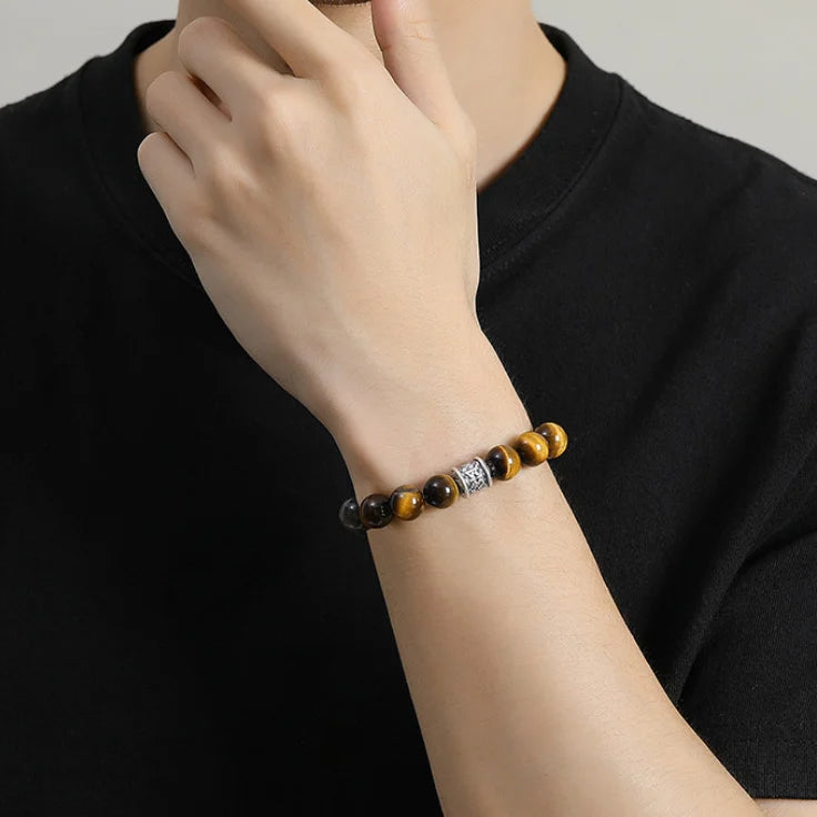 Oriental Treasure Six-Syllable Mantra Bracelet Purification Tiger's Eye Natural Black Obsidian Bracelet 999 Sterling Silver