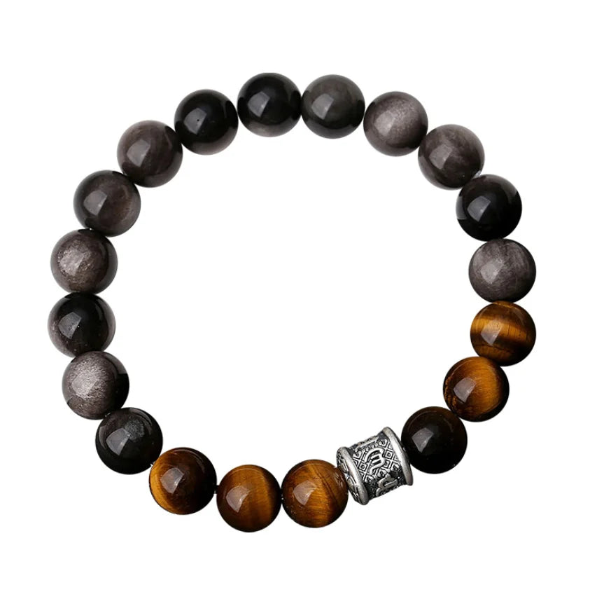 Oriental Treasure Six-Syllable Mantra Bracelet Purification Tiger's Eye Natural Black Obsidian Bracelet 999 Sterling Silver