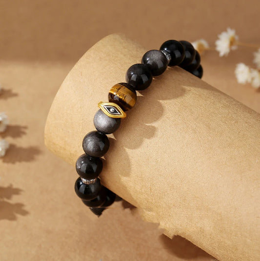 Bracelet Trésor Oriental Œil Maléfique Bracelet d'Obsidienne Noire Naturelle Bracelet d'Œil de Tigre en Argent Sterling 925 Réglable pour Homme/Papa/Garçon