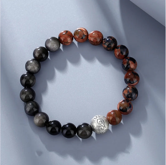 Bracelet Chinois Trésor Oriental Nuages Auspicieux Bracelet d'Obsidienne Noire Naturelle en Argent Sterling 999 Réglable