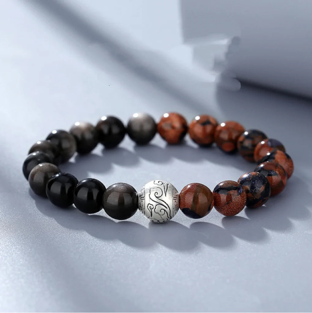 Oriental Treasure Chinese Auspicious Clouds Bracelet Natural Black Obsidian Bracelet 999 Sterling Silver Adjustable
