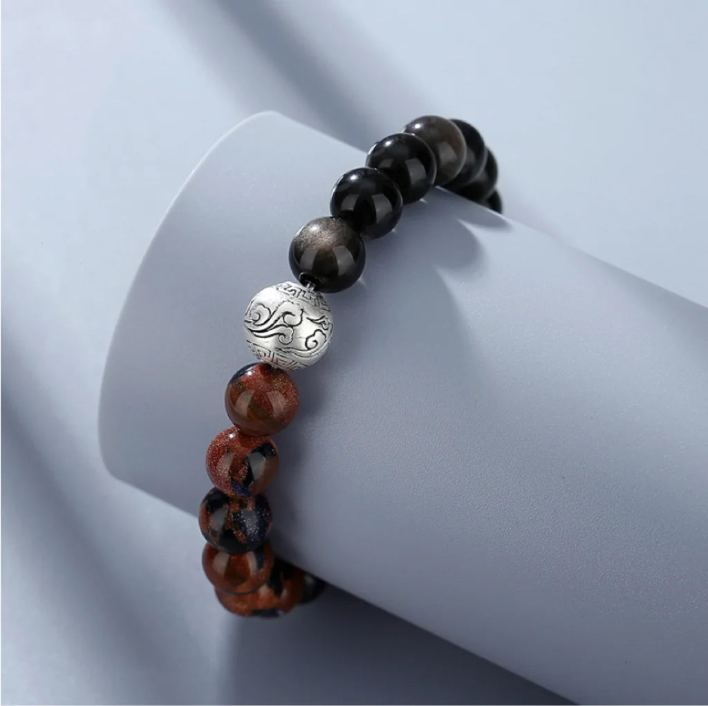 Oriental Treasure Chinese Auspicious Clouds Bracelet Natural Black Obsidian Bracelet 999 Sterling Silver Adjustable