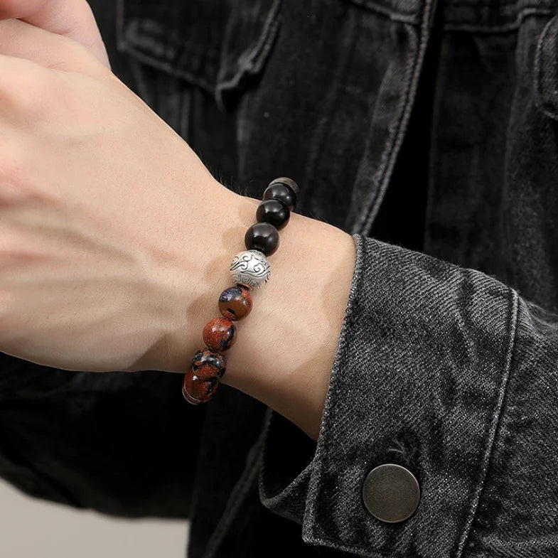 Oriental Treasure Chinese Auspicious Clouds Bracelet Natural Black Obsidian Bracelet 999 Sterling Silver Adjustable