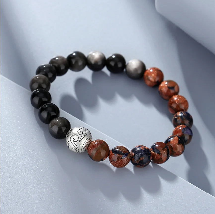 Oriental Treasure Chinese Auspicious Clouds Bracelet Natural Black Obsidian Bracelet 999 Sterling Silver Adjustable