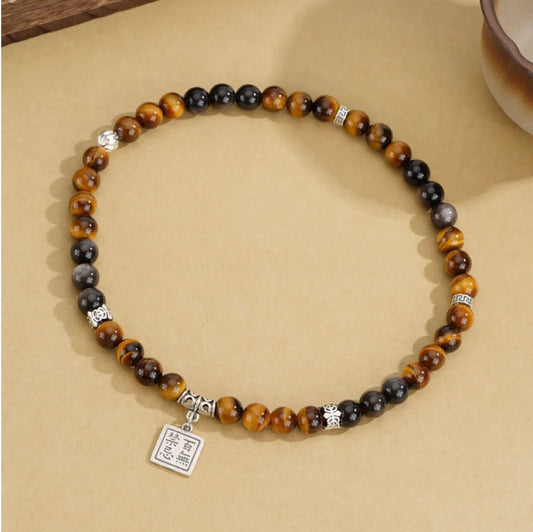 Trésor Oriental Rien Ne M'Effraie Pendentif Carré Bracelet Naturel d'Œil de Tigre Richesse Bracelet d'Obsidienne Noire Bracelet Long en Argent Sterling 925