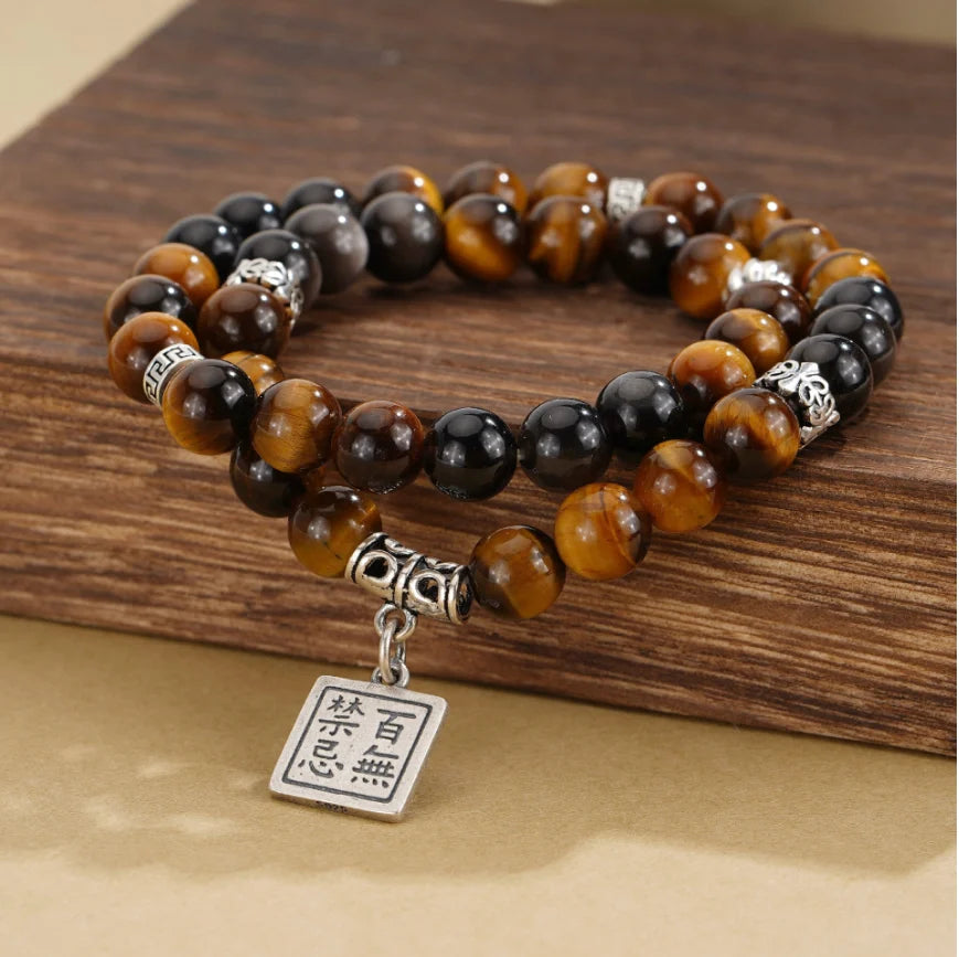 Trésor Oriental Rien Ne M'Effraie Pendentif Carré Bracelet Naturel d'Œil de Tigre Richesse Bracelet d'Obsidienne Noire Bracelet Long en Argent Sterling 925