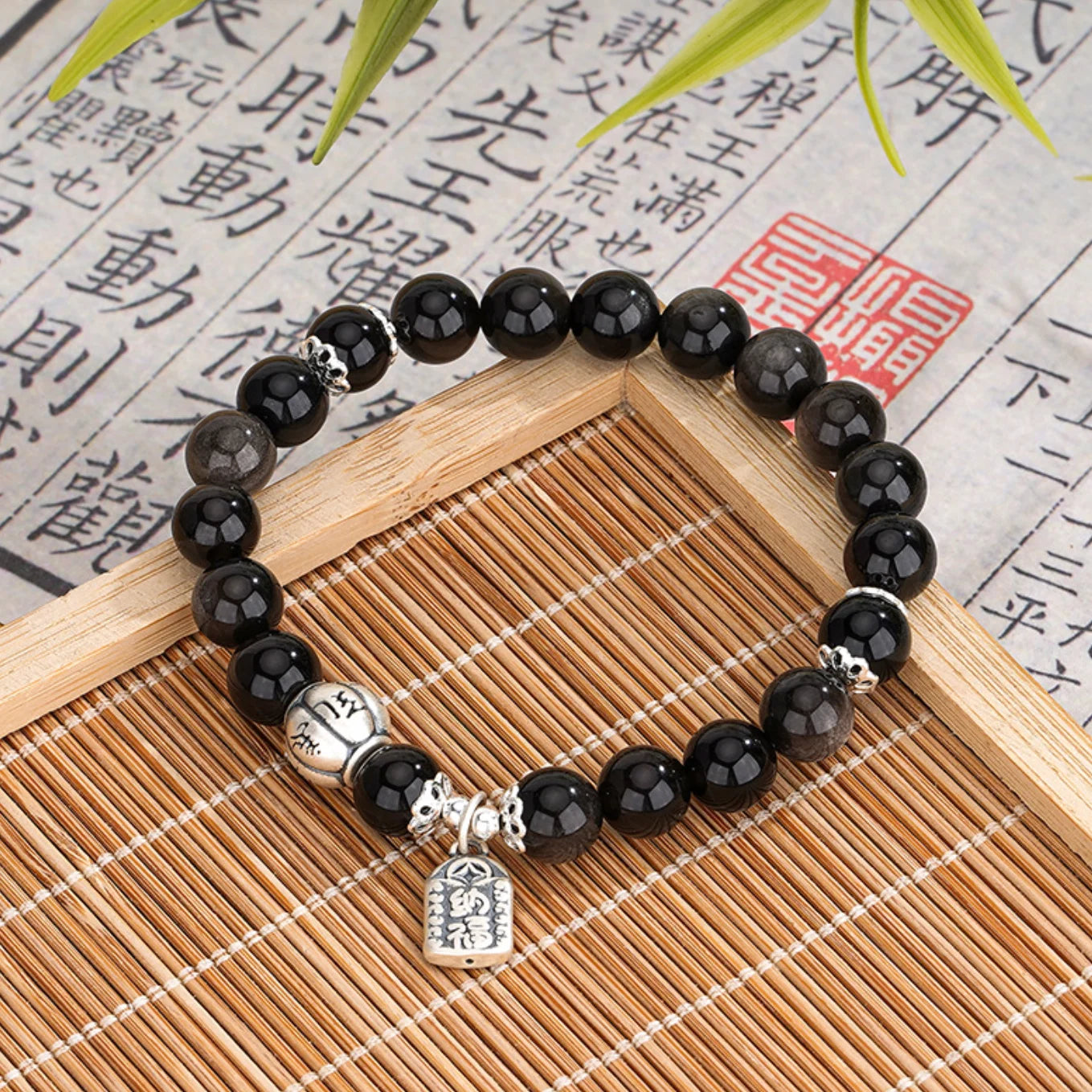 Bracelet Mantra à Six Syllabes Trésor Oriental Purification Bracelet en Obsidienne Noire Naturelle Bracelet de Protection en Argent Sterling 999 Réglable pour Femme