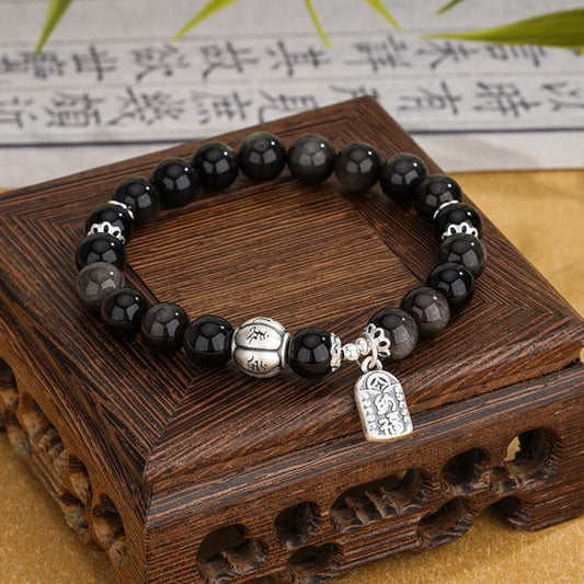 Bracelet Mantra à Six Syllabes Trésor Oriental Purification Bracelet en Obsidienne Noire Naturelle Bracelet de Protection en Argent Sterling 999 Réglable pour Femme