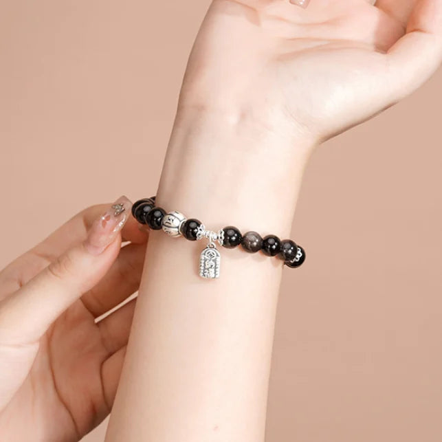 Bracelet Mantra à Six Syllabes Trésor Oriental Purification Bracelet en Obsidienne Noire Naturelle Bracelet de Protection en Argent Sterling 999 Réglable pour Femme