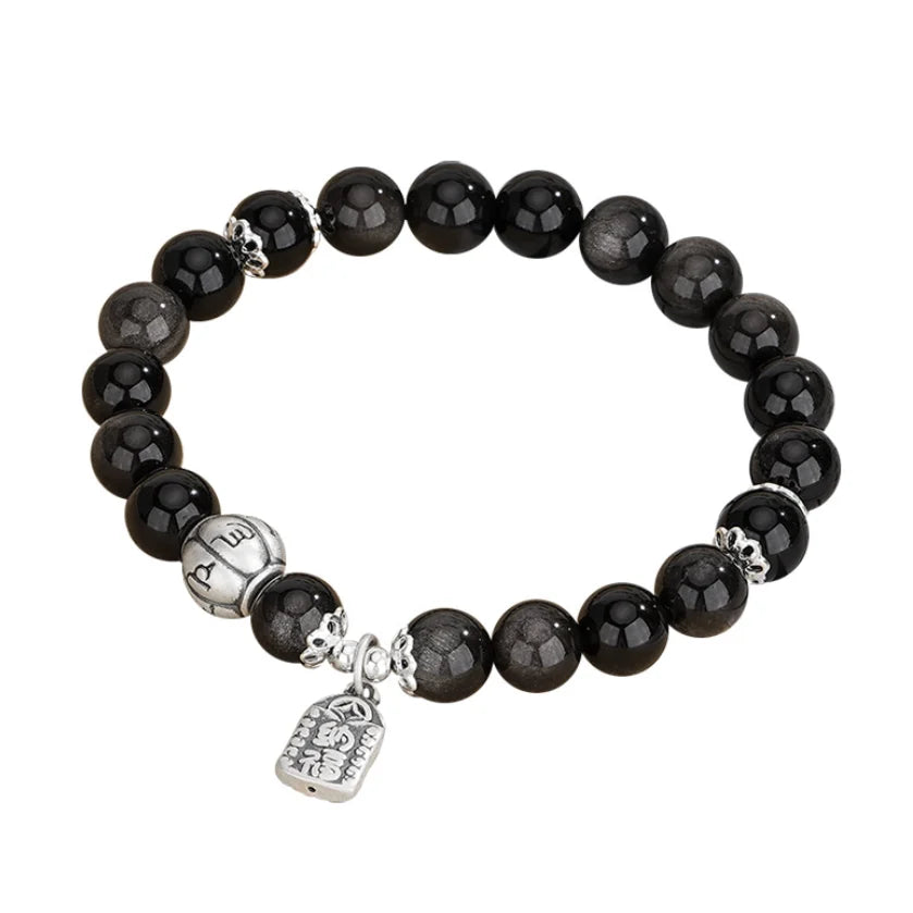 Bracelet Mantra à Six Syllabes Trésor Oriental Purification Bracelet en Obsidienne Noire Naturelle Bracelet de Protection en Argent Sterling 999 Réglable pour Femme
