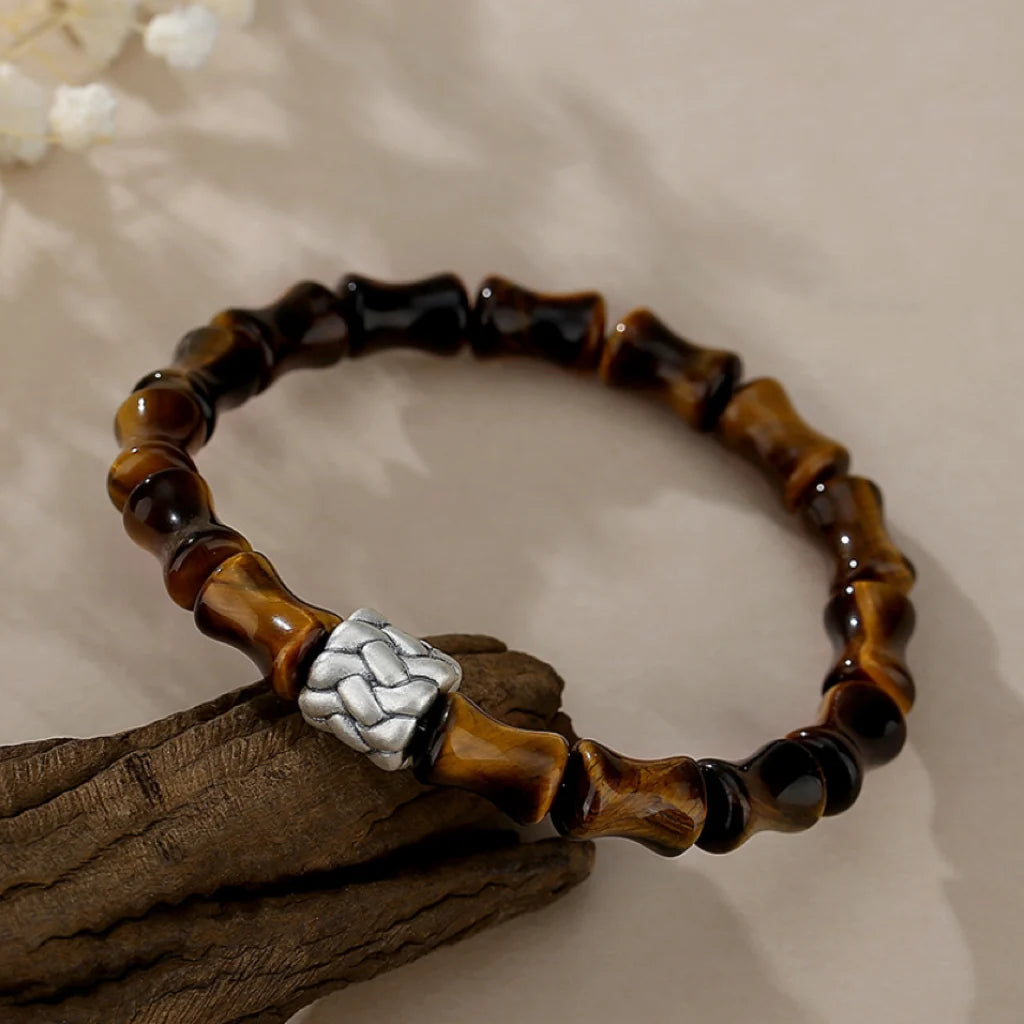 Oriental Treasure Chinese Bamboo Bracelet Quality Tiger's Eye Bracelet Wealth Magnetism 999 Sterling Silver Protection Adjustable