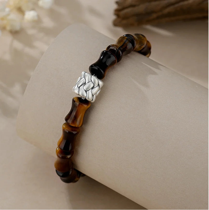Oriental Treasure Chinese Bamboo Bracelet Quality Tiger's Eye Bracelet Wealth Magnetism 999 Sterling Silver Protection Adjustable