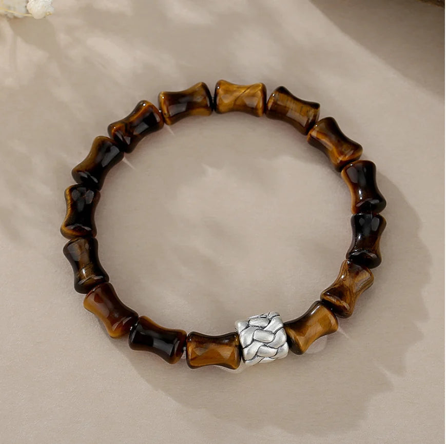 Oriental Treasure Chinese Bamboo Bracelet Quality Tiger's Eye Bracelet Wealth Magnetism 999 Sterling Silver Protection Adjustable
