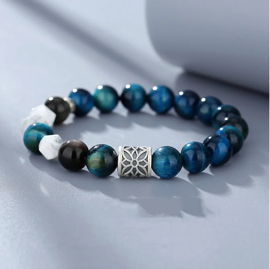 Bracelet de Pierre d'Oeil de Tigre Bleu Qualité Trésor Oriental Magnétisme de Richesse Protection Argent 999 Étuve Réglable