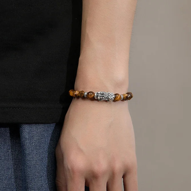 Oriental Treasure Chinese Pi Xiu Bracelet Dual Wealth Natural Special-shaped Tiger's Eye Stone Bracelet Irregular beads 999 Sterling Silver Adjustable Bracelet
