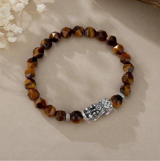 Bracelet Chinois Pi Xiu Trésor Oriental Double Richesse Pierre d'Oeil de Tigre Naturelle en Forme Spéciale Perles Irrégulières Argent 999 Étuve Réglable