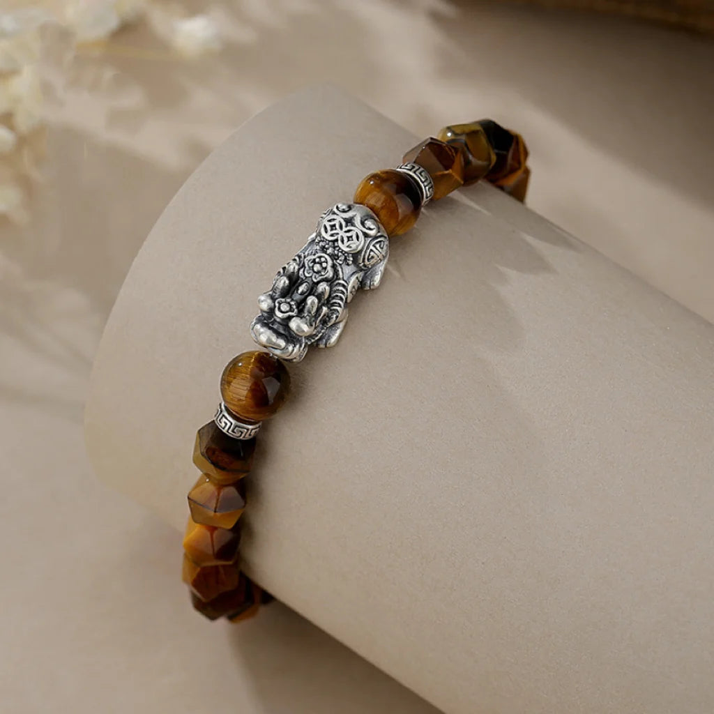 Oriental Treasure Chinese Pi Xiu Bracelet Dual Wealth Natural Special-shaped Tiger's Eye Stone Bracelet Irregular beads 999 Sterling Silver Adjustable Bracelet