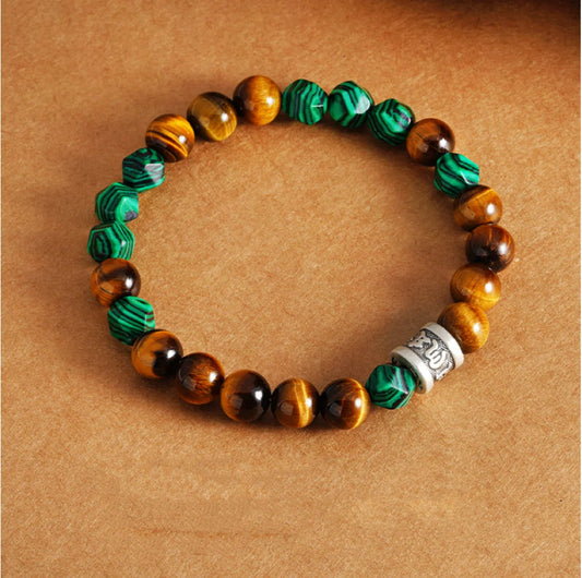 Bracelet Mantra à Six Syllabes Trésor Oriental Purification Bracelet d'Œil de Tigre Naturel Malachite Argent 999 Sterling