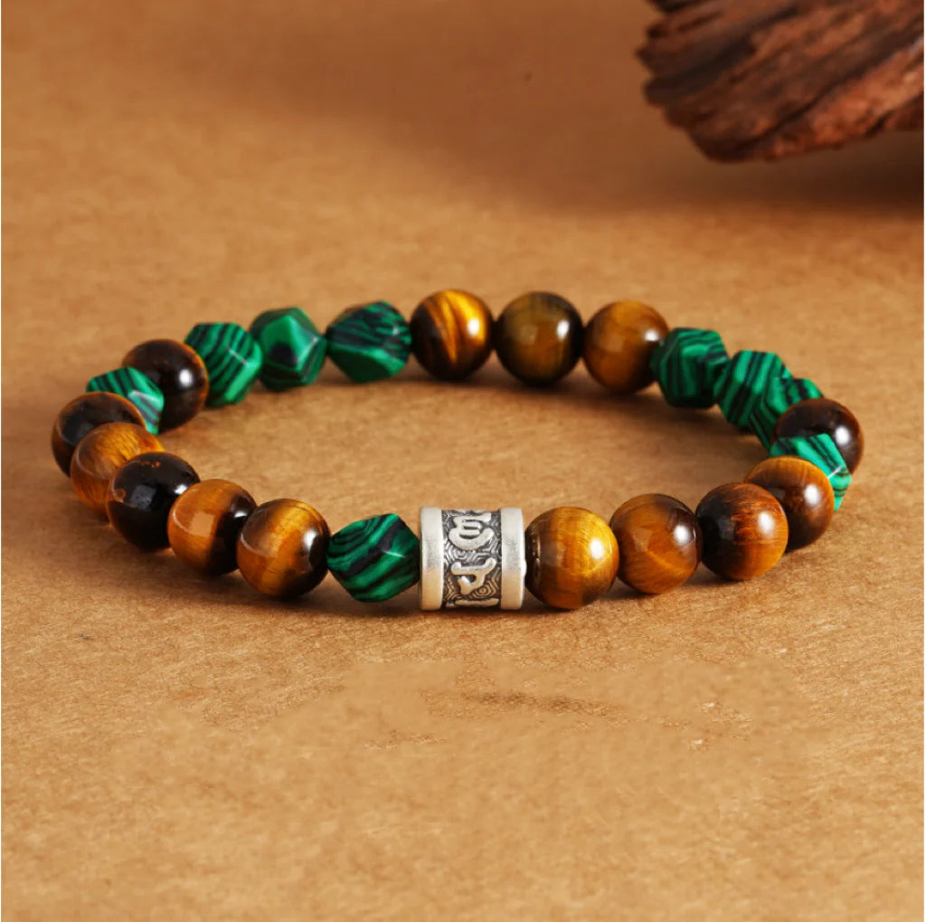 Oriental Treasure Six-Syllable Mantra Bracelet Purification Natural Tiger's Eye Bracelet Malachite 999 Sterling Silver