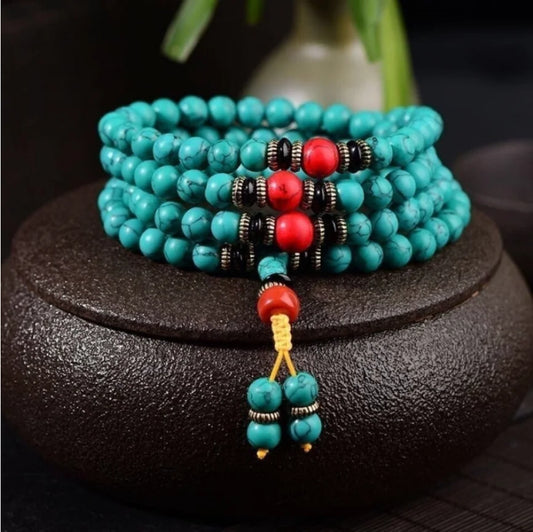 Trésor Oriental Turquoise Naturelle Tibétaine Bouddha Guérison Bracelet Mala 108 Collier