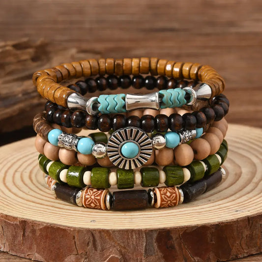 Trésor oriental Bracelet en perles percées de turquoise tibétaine Vintage coque de noix de coco Ligne extensible en turquoise bois multi-couches créatif, Cadeau pour lui/elle