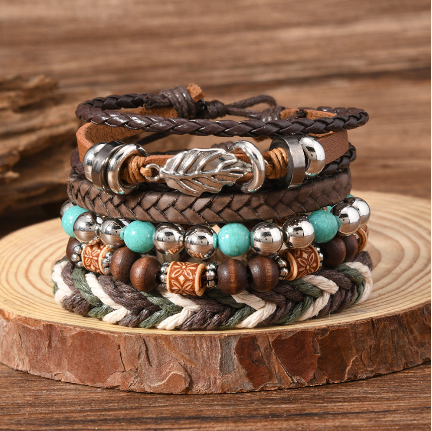 Trésor Oriental Turquoise Tibétaine Bracelet en cuir avec feuille en alliage et perles turquoise multi-couches Boho chic Bracelet de guérison, Cadeau pour Papa/Lui