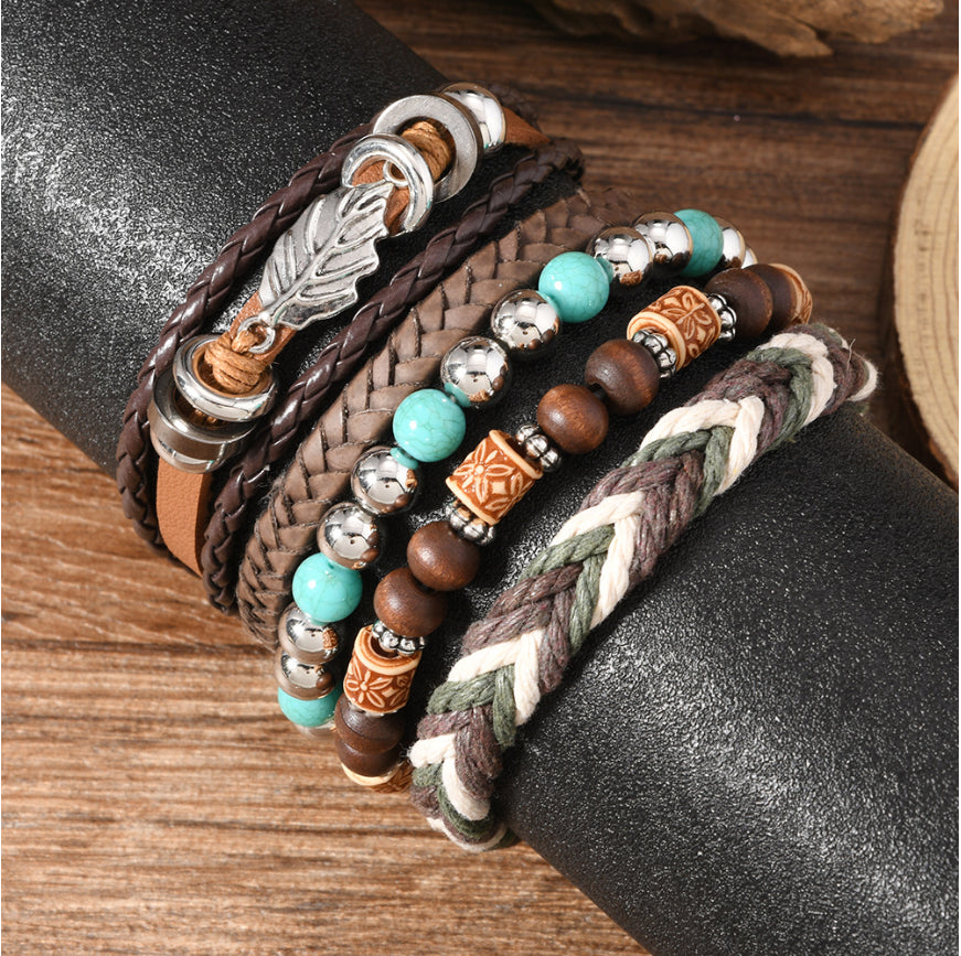 Trésor Oriental Turquoise Tibétaine Bracelet en cuir avec feuille en alliage et perles turquoise multi-couches Boho chic Bracelet de guérison, Cadeau pour Papa/Lui