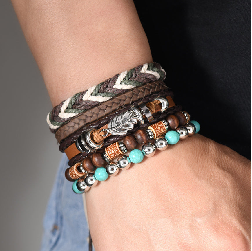 Trésor Oriental Turquoise Tibétaine Bracelet en cuir avec feuille en alliage et perles turquoise multi-couches Boho chic Bracelet de guérison, Cadeau pour Papa/Lui