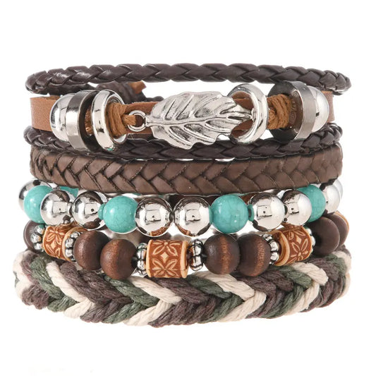Trésor Oriental Turquoise Tibétaine Bracelet en cuir avec feuille en alliage et perles turquoise multi-couches Boho chic Bracelet de guérison, Cadeau pour Papa/Lui