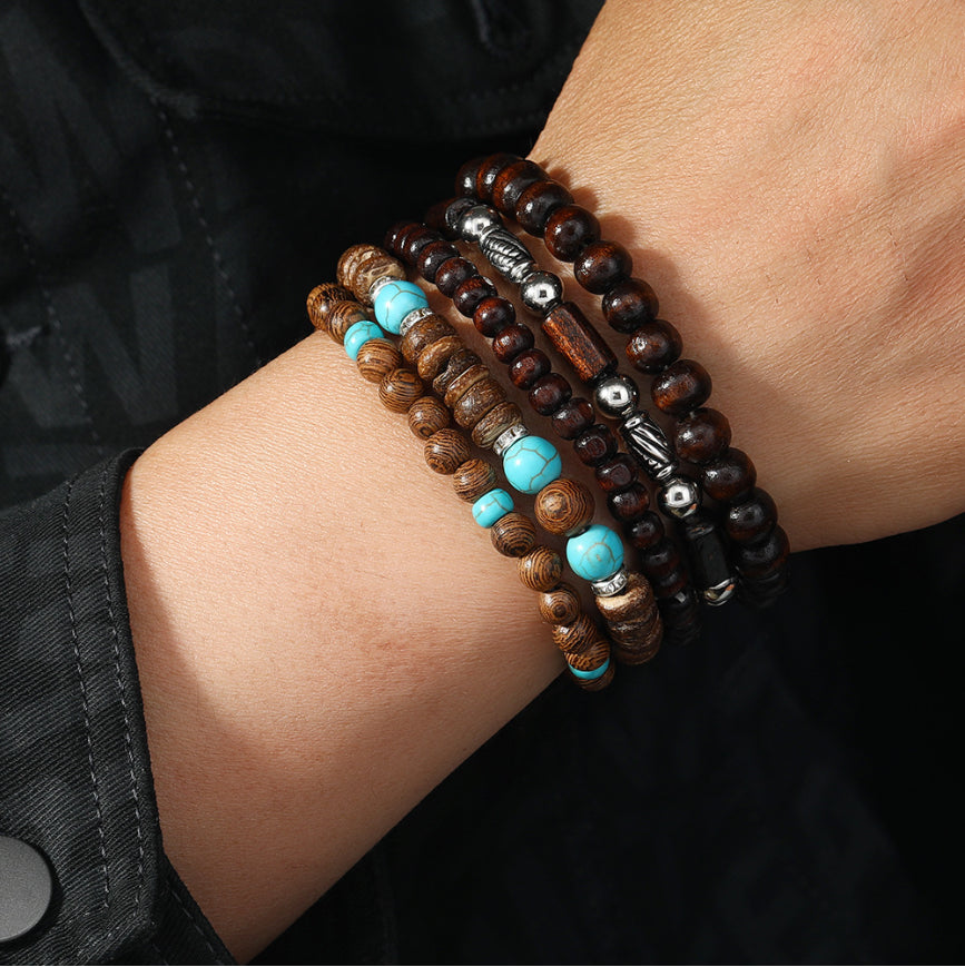 Trésor Oriental Turquoise Bracelet en bois turquois de style rétro pour hommes, un bracelet créatif en matériaux mixtes, cadeau pour Papa/Lui